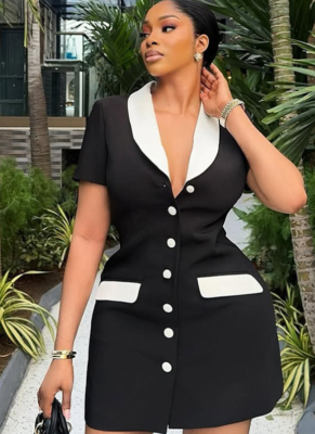 Black And White Contrast Slim Fit Cardigan Button Short Dress Wholesale