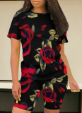 Casual Printed Round Neck Short Sleeve Top Tight Shorts Two-Piece Set