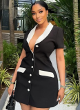 Black And White Contrast Slim Fit Cardigan Button Short Dress Wholesale