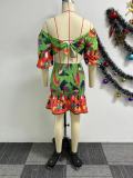Sexy One-shoulder Two-wear Printed Waist-hugging Backless Lantern Sleeve Dress