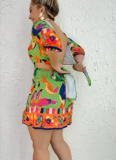 Sexy One-shoulder Two-wear Printed Waist-hugging Backless Lantern Sleeve Dress