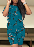 Casual Printed Round Neck Short Sleeve Top Tight Shorts Two-Piece Set