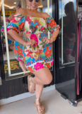 Sexy One-shoulder Two-wear Printed Waist-hugging Backless Lantern Sleeve Dress
