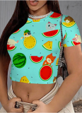 Casual Printed Round Neck Cropped T-Shirt Wholesale