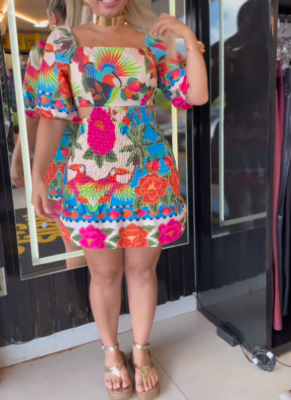 Sexy One-shoulder Two-wear Printed Waist-hugging Backless Lantern Sleeve Dress