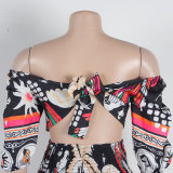 Sexy One-shoulder Two-wear Printed Waist-hugging Backless Lantern Sleeve Dress