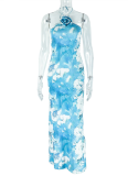 Elegant Backless Halter Neck Abstract Printed Maxi Dress Wholesale