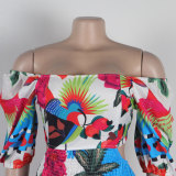 Sexy One-shoulder Two-wear Printed Waist-hugging Backless Lantern Sleeve Dress
