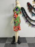 Sexy One-shoulder Two-wear Printed Waist-hugging Backless Lantern Sleeve Dress