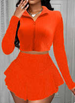 Solid Color Zipper Short Top Ruffle Skirt Pants Two Piece Set Wholesale