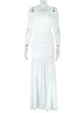 One-Line Collar Pleated Slightly Transparent Hip Dress Wholesale