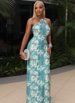 Elegant Backless Halter Neck Abstract Printed Maxi Dress Wholesale