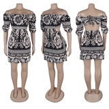 Sexy One-shoulder Two-wear Printed Waist-hugging Backless Lantern Sleeve Dress