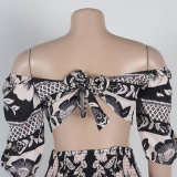 Sexy One-shoulder Two-wear Printed Waist-hugging Backless Lantern Sleeve Dress