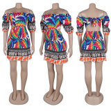 Sexy One-shoulder Two-wear Printed Waist-hugging Backless Lantern Sleeve Dress