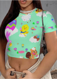 Casual Printed Round Neck Cropped T-Shirt Wholesale