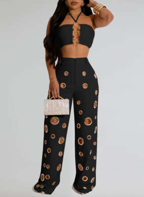 Fashion Women'S Sexy Eyelet Metal Button Trousers Two Piece Set Wholesale