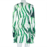 Fashionable Slightly Transparent High Collar Printed Loose Waist Skirt Two-piece Set