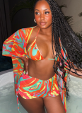 Sexy Hot Girl Graffiti Print Cape Strappy Bikini Three Piece Set