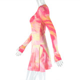 Fashionable Slightly Transparent High Collar Printed Loose Waist Skirt Two-piece Set