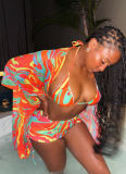 Sexy Hot Girl Graffiti Print Cape Strappy Bikini Three Piece Set