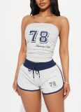Casual Digital Print Bandeau Top Waist-Length Tie Shorts Set