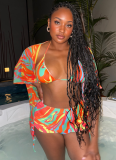 Sexy Hot Girl Graffiti Print Cape Strappy Bikini Three Piece Set