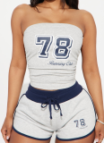 Casual Digital Print Bandeau Top Waist-Length Tie Shorts Set