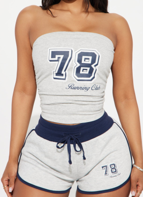 Casual Digital Print Bandeau Top Waist-Length Tie Shorts Set