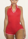 Sexy Hot Girl Sleeveless Solid Color Backless Halter Neck Jumpsuit Shorts