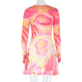 Fashionable Slightly Transparent High Collar Printed Loose Waist Skirt Two-piece Set
