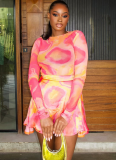 Fashionable Slightly Transparent High Collar Printed Loose Waist Skirt Two-piece Set