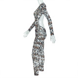 Casual Leopard Print Slim Fit Hollow Transparent U-Neck Jumpsuit