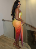 Fashion One-shoulder Sleeve Pleated Color Matching Slit Slim Irregular Dress