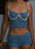 Sexy Solid Color Navel-baring Camisole Beaded Top and Shorts Two-piece Set