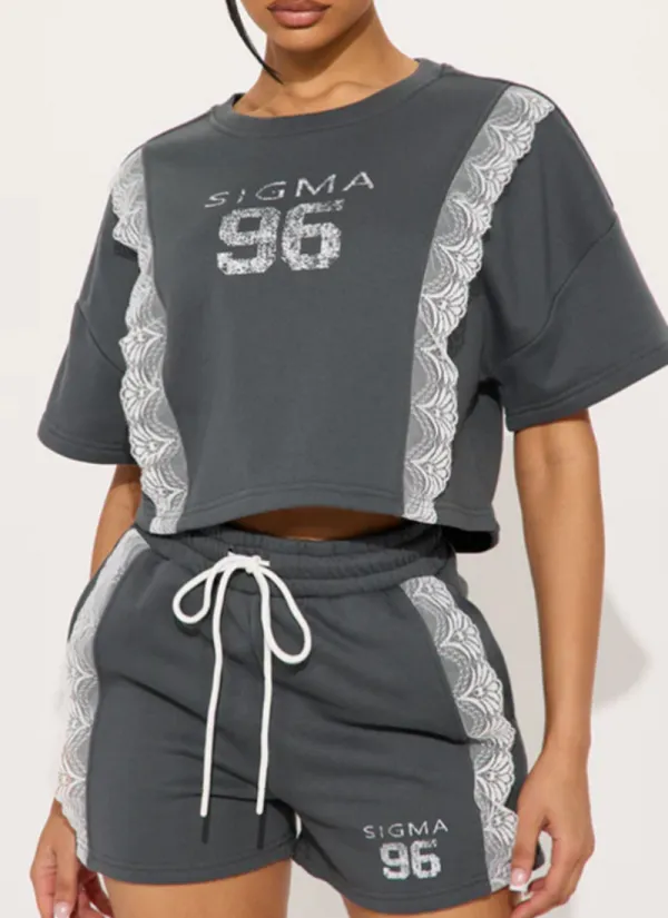 Round Neck Lace Colorblock Top Tie Drawstring Elastic Shorts Two-Piece Set Wholesale