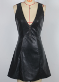 Women V-Neck Backless Sexy PU Dress Wholesale