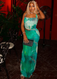 Sexy Suspender Print Color Matching Hip Long Skirt Two Piece Set