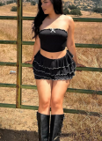 Sexy Tube Top Pleated Cake Skirt Suit