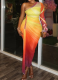 Fashion One-shoulder Sleeve Pleated Color Matching Slit Slim Irregular Dress