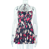Fashion Printed Pleated Halter Neck Wrap Waist Short A-Line Dress