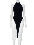 Slim Fit Sleeveless Halter Neck Backless Side Drape Midi Dress
