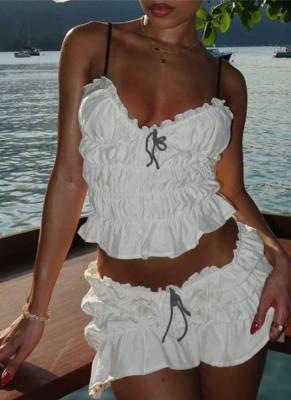 Sexy V-neck Pleated Camisole With Hip Skirt Suit