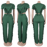 Comfortable and Casual Elastic Fringe Top and Trousers Two-piece Set