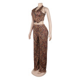 Sexy Button Halter Neck Top Elastic Waist Pants Leopard Print Two-Piece Set