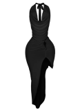 Sexy Solid Color Sleeveless Backless Top High Slit Skirt Two Piece Set Wholesale