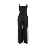 Sexy Hollow Wide-leg Knitted Suspenders Stitching Contrast Color Jumpsuit