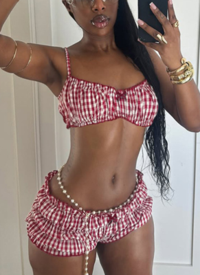 Sexy Plaid Suspender Top Shorts Swimsuit Two Piece Set
