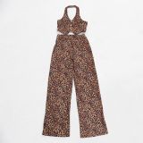 Sexy Button Halter Neck Top Elastic Waist Pants Leopard Print Two-Piece Set