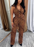 Sexy Button Halter Neck Top Elastic Waist Pants Leopard Print Two-Piece Set